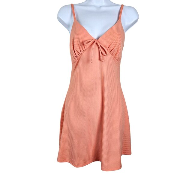 Forever 21 Womens Small Peach Ribbed Mini Dress Adj Straps Tie Front Detail - Picture 1 of 6